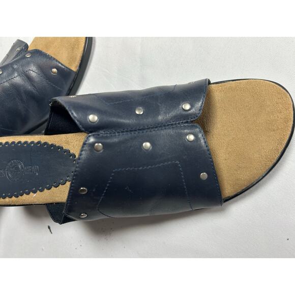 Duck Head navy blue Leather Wedge Heel Slip On Mules Open Toe Shoes Womens Sz 10 - Picture 3 of 8